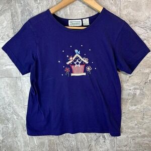 Blue birdhouse embroidered graphic‎ tee with a relaxed fit shenanigans women's m